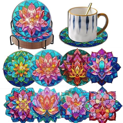 Demonwer 8 Stück Lotus Diamond Painting Untersetzer mit Halter DIY Cute Lotus Diamond Art Untersetzer 5D Lotus Diamant Untersetzer mit Kork-Pads für Anfänger Erwachsene für Weihnachten Urlaub Geschenk