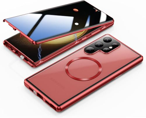 MEIQIBAO Hülle für Samsung Gala S22 Ultra 5G(6.8) Magnetische Adsorption Metall Stoßstange mit 360 Grad Schutz Ultra Dünn Transparent Gehärtetes Glas Unterstützt drahtloses Laden,red