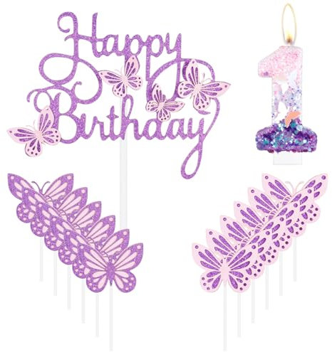 mciskin Butterfly Happy 1st Birthday Candles,Butterfly Cake Decorations,Pink Purple Number 1 Candle for Cake,Purple Cupcake Toppers Girls,Glitter Pink Topper for Girls' First Birthday Decorations