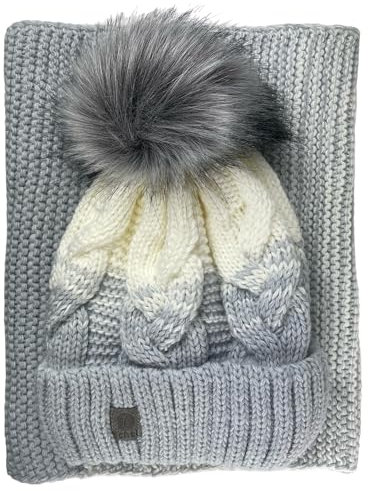 kennydoo Mütze & Schal Set achti I 2 teilig I Damen Kombi - Beanie mit großem Bommel und Loop I kuschelig gestrickt (hellblau/wollweiß)