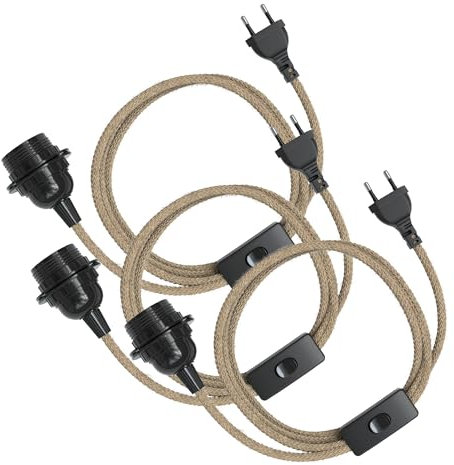 EAZY CASE - 3x Lampenfassung E27 mit Kabel aus Jute [MIT SCHALTER] - Fassung E27 mit Kabel - Lampenfassung mit Schalter - Lampenkabel mit Fassung - Glühbirne mit Kabel - DIY Lampenfassung mit Stecker