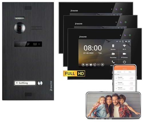 BALTER EVO HD Schwarz/Schwarz WiFi Video Türsprechanlage Set für 1 Familienhaus - 1x Türstation Full HD-Kamera, 1x 7 Wifi Touch Monitor, 2x 7 Touch Monitor, Smartphone APP, 2-Draht, 175° Weitwinkel