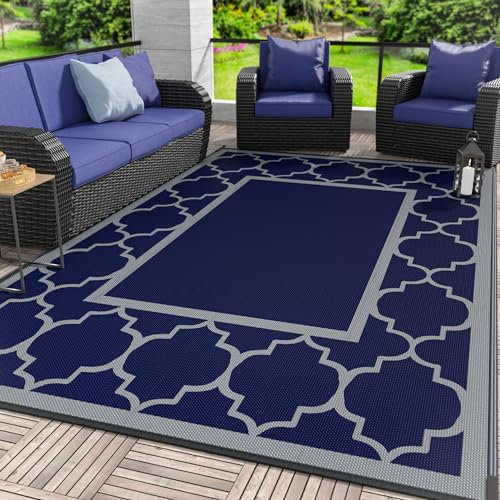 GENIMO Outdoor-Teppich, wasserdicht, faltbar, wendbar, Kunststoff, Strohmatte für Wohnmobile, Dekoration, Außenteppich für Wohnmobil, Deck, Veranda, Picknick, Strand, Balkon, Blau und Grau