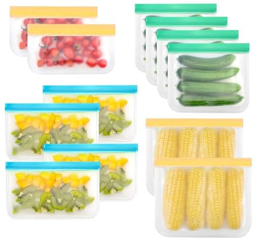 BRISKORE Lot de 12 sacs de congélation réutilisables - Sacs de rangement pour aliments - Sacs à sandwich réutilisables - Sacs en silicone pour faire mariner la viande, les fruits, les collations