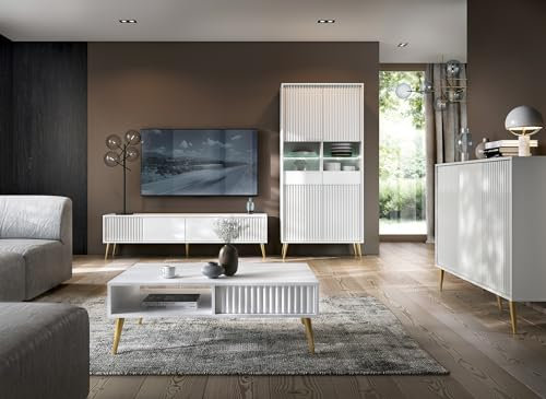 All4All Wohnzimmer-Set Barcello, Wohnzimmermöbel Weiß Matt, Wohnwand mit geriffelten Fronten, Glamour, Grifflos, Goldene Füße, Couchtisch, Vitrine, Fernsehrschrank 05 (Ganze Set)