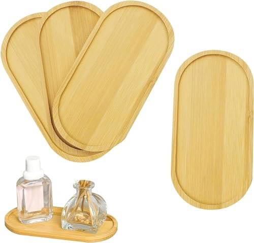 KiKiHong 4-Piece Oval Wood Tray Set - Small Bamboo Trays for Coasters, Sushi, Coffee, Cakes & Snacks - 17.5 x 8.8 x 1 cm
