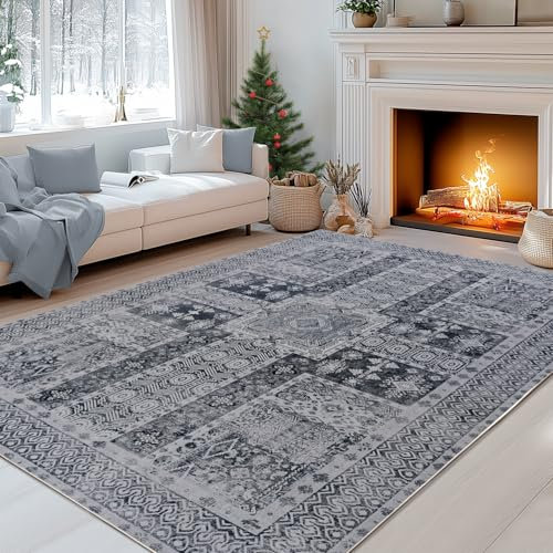 BSGIFT Teppich Grau 160x230, Waschbarer Teppich Vintage Kurzflor Groß Rug für Wohnzimmer Schlafzimmer Esszimmer rutschfest Boho Wohnzimmerteppich, Aesthetic Teppiche