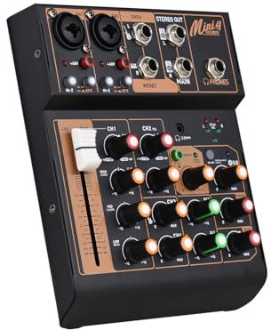 YIWEOG Mixer Audio Console Mixer DJ Portatile a 4 canali Mini Scheda di missaggio Audio con USB BT 48V Alimentazione Phantom EQ a 3 Bande Pulsante Loopback Console Audio per spettacoli dal Vivo Feste