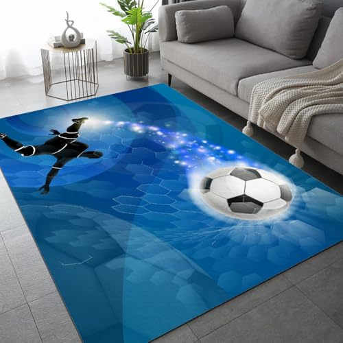 ARiXIaNg Teppich Wohnzimmer Schlafzimmer Fußball Teppich Kinderzimmer Kurzflor Teppiche rutschfeste Spielteppiche Sport Blau Teenager Kinderteppich Dekoration Carpets 60x90 cm