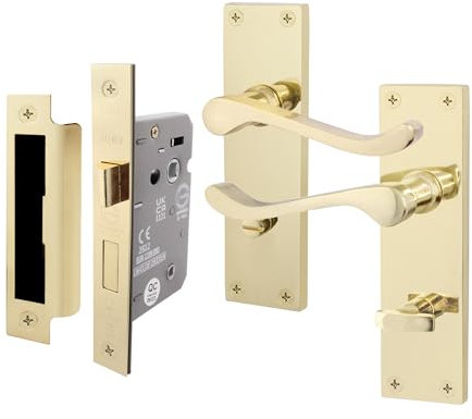 EAI Polished Brass Victorian Scroll Bathroom Door Handle Set | 1 Pair of Brass Internal Lever Handles on Backplate with Lock (64mm)
