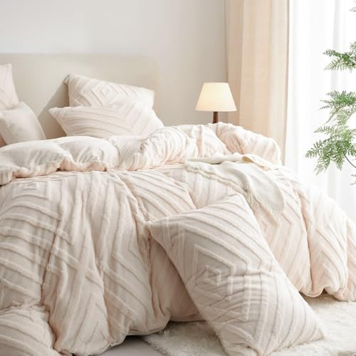Tospass Peluche Housse de Couette 200x200 Tuftée Beige Shaggy Furry Hiver Parure de lit Flanelle Fuzzy Chaude Linge de Lit 2 Personnes Adulte avec Fermeture Éclair et 2 Taie d'oreiller 65x65cm