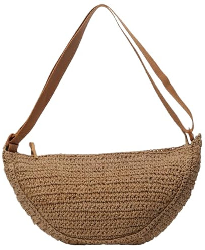 Sac en Paille Chic Demi-Lune 33 x 9 x 22 cm Sac de Plage à bandoulière avec Sangle réglable Sac tissé à bandoulière Sacs d'été avec Fermeture éclair pour Sac à Main en rotin de Plage