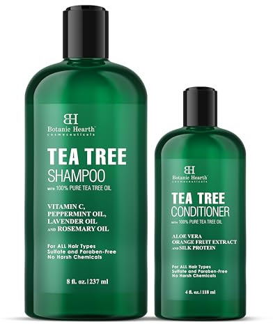 Botanic Hearth Tea Tree Shampoo 8fl oz and Conditioner 4 fl oz - with 100% Pure Tea Tree Oil, for Itchy and Dry Scalp, Sulfate/Paraben Free - for Men and Women