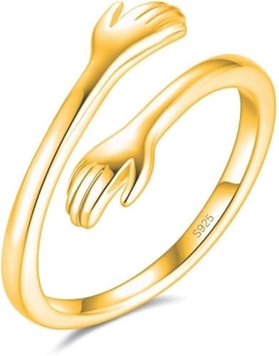 Umarmungsring in 925 Sterling Silber und Gold Verstellbar | Umarmung Ring mit Umarmende Hände als Geschenk für Sie, Freundin, Freund, Muttertag und zur Verlobung (Gold, 52)