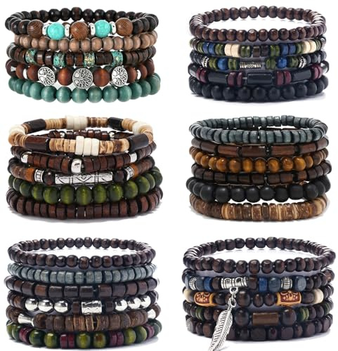 FIRAZIO 32 Pcs Wooden Beaded Bracelets for Men Adjustable Pulseras Para Hombres Set, Mens Bracelet Meaningful Gift