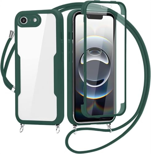 FERLAN Crossbody Lanyard Case for iPhone 6/7/8/iPhone SE 2020/SE 2022 with Strap,360° Full Body with Built-in Screen Protector Shockproof Soft TPU Bumper Necklace Phone Case Protective Cover(Green)
