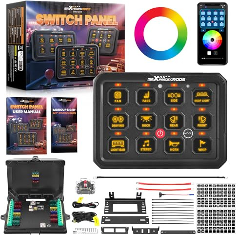 maXpeedingrods Panel RGB de 12 marchas con control de aplicación para barco, panel de interruptor de 12/24 V, LED, regulable, varios colores, multifunción, estroboscópico constante, relé universal