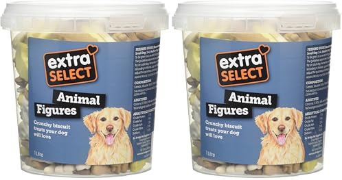 Extra Select 3 Colour Animal Figure Dog Treat Biscuits in a 1ltr Bucket (approx 130 biscuits) (Pack of 2)
