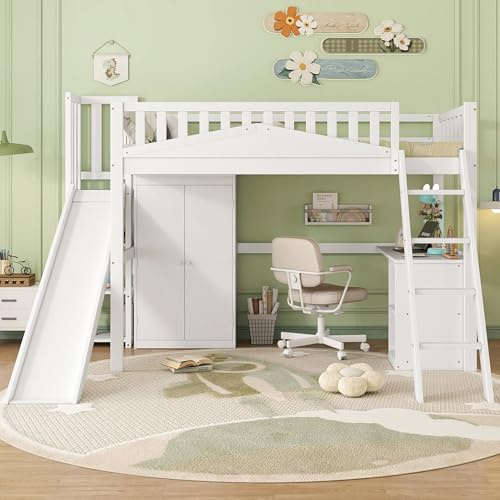 Azkoeesy Hochbett mit Rutsche, Treppe, Schrank, Schreibtisch, 90x200 cm, Kinderbett Jugendbett mit Stauraum, Kiefernholz Bettgestell, 35 cm Geländer, max 120kg, weiß