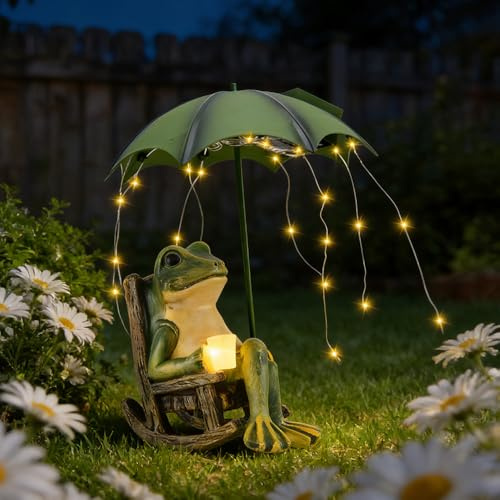 Deko Frosch für Draußen, Solar Frosch Garten Statue mit Wasserdicht Lichterketten Regenschirm Frosch Solar Gartendeko für Draußen, IP65 Wasserdichte, Solar FroschStatue für Garten Balkon Rasen Teiche