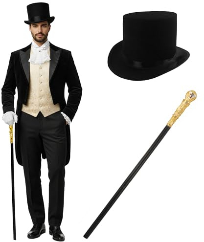 Makii Victorian Style Top Hat and Cane Set For Adults Black Top Hat Fancy Dress 1970's Gangster Pimp Staff For World Book Day Week (Top Hat with Cane)