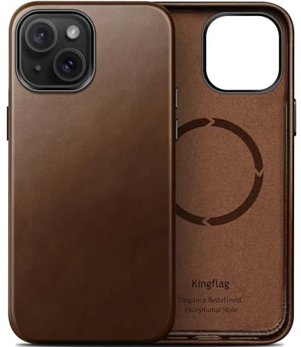 kingflag Lederhülle für iPhone 14 aus Argentinien importiertem | Ölgewachstem Vollnarbenleder, Kompatibel mit MagSafe & extra dünn (Braun)