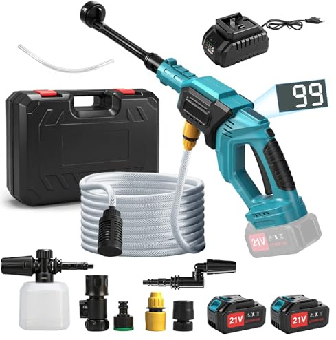 Idropulitrice a Batteria, 21V Idropulitrice Elettrica Portatile con 2 Batterie da 4000mAh e Tubo da 5M Idropulitrice ad alta pressione a batteria per il lavaggio di auto Pulizia di pavimenti