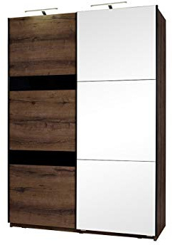Schwebetürenschrank Reton SZ150 R12 mit Selbstschließsystems Garderobeschrank Kleiderschrank Schlafzimmerschrank (Monastery Eiche / Monastery Eiche + Schwarz Hochglanz, mit Beleuchtung / mit Spiegel)