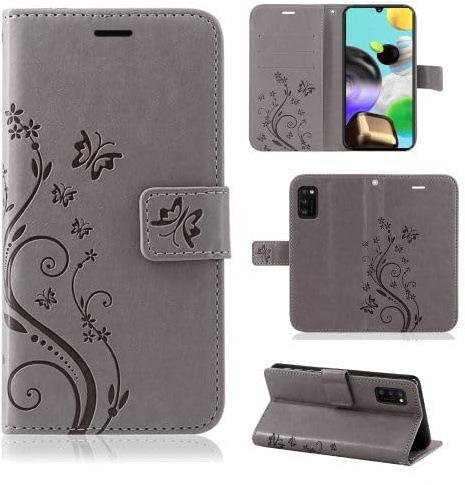 Hülle Kompatibel mit Samsung Galaxy A7 2018 SM-A750 | Premium PU Leder Handyhülle Wallet Case | Schutzhülle Blumen Klapphülle Handyhülle | Grau