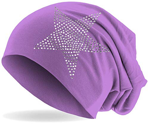 Hatstar Strass Stern Damen Beanie Mütze | elastisches Slouch Long Beanie | Mädchen Mütze | mit edler Strass Applikation | leicht und weich (Flieder)
