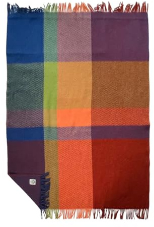 JOWOLLINA WoolOnly Wolldecke Plaid mit Fransen 100% Lammwolle (130x180 cm, Multicolor Orange-Blau)