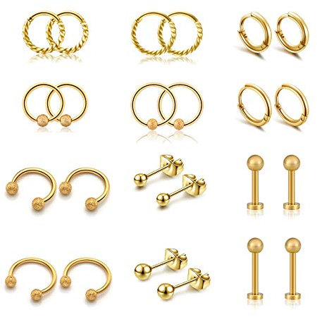 JSDDE 24 Stücke Helix Piercings, Ohr Piecing Set Gold Rosegold, Tragus Piercing, Creolen Ohrringe Hoop Ring Ohrstecker, Septum Piercing, Piercing Schmuck für Damen Frauen (Gold)