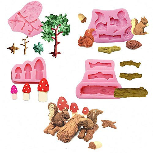 4 Stück/Set Wald-Motiv-Fondant-Formen, Tier, Baumstamm, Eichhörnchen, Pilz, Tannenzapfen, Holzfäller, Gumpaste, Schokolade, Süßigkeiten, Stumpf, Geburtstagstorte, Dekorationswerkzeug Form