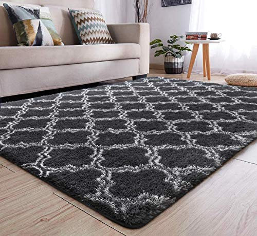 Calore Teppiche Schlafzimmer Flauschig Weicher Hochflor Teppich Anti-Rutsch-Teppich Wohnzimmer Moderne Teppiche Waschbarer (160 x 200 cm, Weiß Grau)
