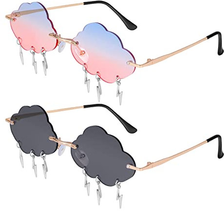 Auidy_6TXD 2 Stück Randlose Sonnenbrille Wolke Randlose Vintage Lustige Unregelmäßige Disco Brille Blitz Quaste Frauen Damen für Party Strand