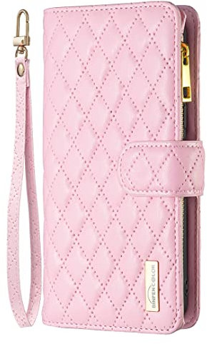 iPhone 11 Phone Case Zipper Flip Shockproof Leather Wallet Cover with Kickstand Card Holder Silicone Bumper Zip Pocket Folio Cases for iPhone 11 Case for Girls Women, Pink