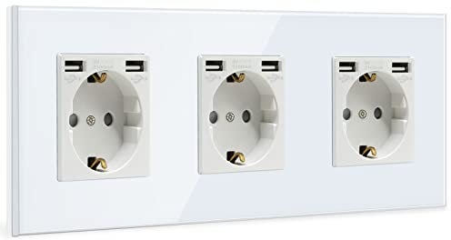 BSEED Triple Enchufe de Pared con 2 Puertos USB(Max 2.1A),Blanco Schuko Enchufe,Toma de Corriente con 2 x Cargadores USB Adecuado para Smartphone MP3 Tablet,para Cocina, Dormitorio