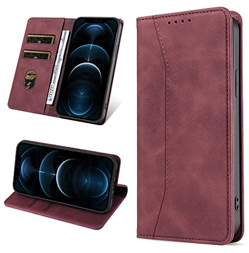 Leaisan Handyhülle für iPhone 12/iPhone 12 Pro Hülle Premium Leder Flip Klappbare Stoßfeste Magnetische [Standfunktion] [Kartenfächern] Schutzhülle für iPhone 12/iPhone 12 Pro Tasche - Wein Rot