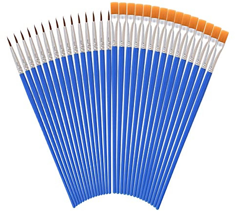 30 Pcs Small Paint Brushes Craft, Includes 15Pcs Flat Small Paint Brush and 15Pcs Tip Paint Brush Art, Thin Paint Brushes for Miniature Detail Painting Oil Watercolor Painting