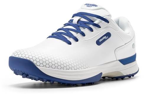 FitVille Mens Golf Shoes Extra Wide Fit Casual Sneakers Water Resistant Non Slip Outdoor Spiked Trainers for Golf Training, White Blue, 9.5 UK Wide