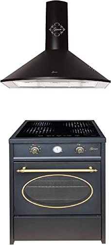 GURARI Cuisinière Set GCH E 612 BL r + GCH 046 BL 9, Retro verre ceramika Centre de cuisson 60 cm, Range Coocker, 60 L, noir + Hotte aspirante, Hotte murale 90 cm, 1000m3/h, noir