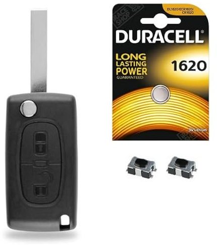 Boitier 2 Boutons pour Télécommande Compatible avec Coque de Clé Plip Citroen Berlingo ✚ Switch ✚ Pile Cr1620 Duracell - Kit iRace Keys® (CE0536 - Emplacement Pile dans boitier)