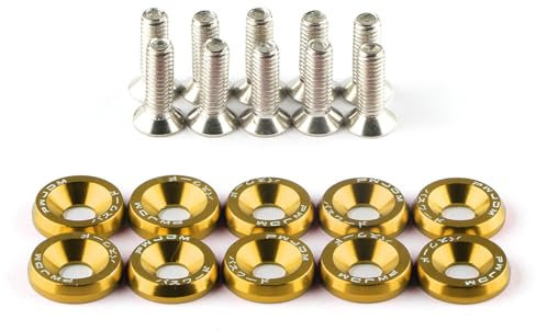 Wambere 10 Stück Universal M6 x 20mm Schraubenscheiben Auto Schrauben Aluminium Stoßfänger Unterlegscheibe Unterlegscheibe,KotflüGel Unterlegscheibe Schraube,Autozubehör Motorraum Dress Up,Gold