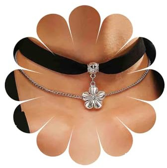 Inateannal Vintage Black Velvet Choker Necklace Layered Flower Pendant Necklace Black Satin Choker Necklace Suede Short Collar Necklace Silver Flower Chain Necklace Jewelry for Women Girls