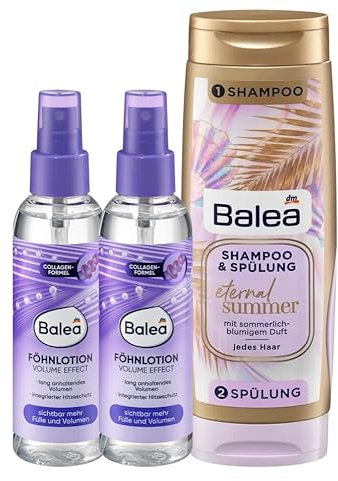 Balea 3er-Set Haarpflege: Föhnlotion VOLUMEN EFFEKT mit Hitzeschutz bis 200 °C und Collagen für Geschmeidigkeit & Glanz (2 x 150 ml) + Twinpack Shampoo & Spülung ETERNAL SUMMER (300 ml), 600 ml