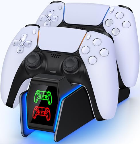 PS5 Station de charge pour contrôleur PS5 Dual PS5 avec lumière RVB, station de charge PS5 avec charge rapide 2 heures, station de charge PS5 pour contrôleur PS5 et contrôleur Edge (Noir)