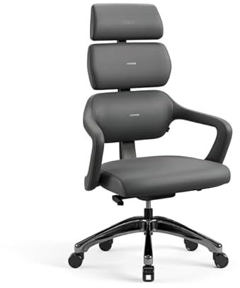 Diablo Bürostuhl Ergonomisch V-Modular | Schreibtischstuhl mit Verstellbarer Rücken, Sitz und Rückenlehne, Abnehmbare Kopfstütze | Öko-Leder Chefsessel für Büro, Home Office | Grau