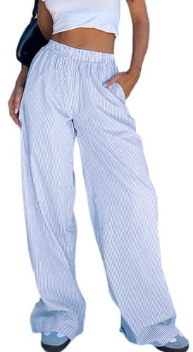 Femmes Y2K Pantalon en Lin Rayé Palazzo à Carreaux avec Taille Élastique, Jambes Larges de Pyjama Casual avec Cordon de Serrage Streetwear