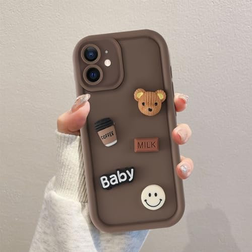 Coalbooliy Handyhülle für iPhone 11 hülle 6,1'', Aesthetic 3D Teddybär Muster Design Kaffeefarbe Weiche TPU Silikon Stoßfest Kameraschutz Schutzhülle Bumper Ultra Dünn Mädchen Case, 01
