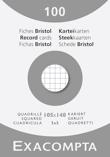 Exacompta 13209E Karteikarten, kariert, 5x5, ungelocht, Format 105 x 148 mm, für Tintenstrahldrucker, Laserdrucker und Kopierer, Weiß, 10 Packungen à 100 Stück